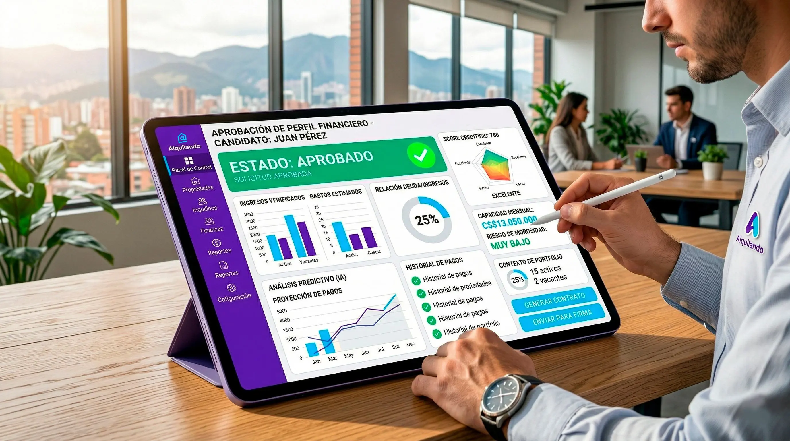 Dashboard de análisis de datos aprobando el perfil financiero de un candidato a inquilino.